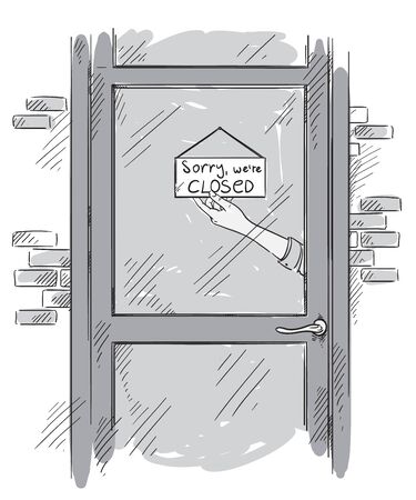 Sorry we are closed, sign plate held by a hand behind the glass doorのイラスト素材