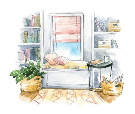 watercolor interior sketch, a cozy window seat with bookshelves on the sideの写真素材
