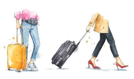 women with wheeled suitcases walking. Watercolor  luggage illustrationの写真素材