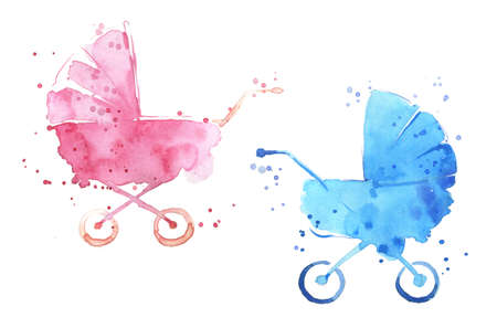 Watercolor baby prams, pink and blueの写真素材