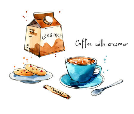 Coffee serving. Coffee with creamer and cookies watercolor sketchの写真素材