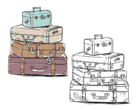 set of vintage luggage bags, vector line art. Line drawing and color illustrations.のイラスト素材