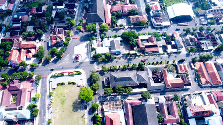 Aerial view of a still quiet small town in the morningの写真素材