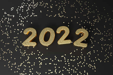 2022 New Year banner. Golden glitter digits on a Black background.の写真素材