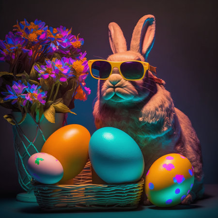This vibrant generative AI illustration features an Easter bunny wearing sunglasses, surrounded by colorful eggs and blooming flowers. Perfect for Easter cards, marketing campaigns, and social media posts.の素材