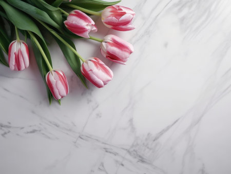 An illustration featuring pink tulip flowers arranged on a white marble background, providing copyspace for versatile applications.の素材