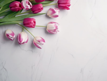 An illustration featuring pink tulip flowers arranged on a white marble background, providing copyspace for versatile applications.の素材