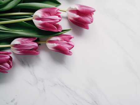 An illustration featuring pink tulip flowers arranged on a white marble background, providing copyspace for versatile applications.の素材