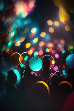This stock illustration features a blurry photo of a nightclub or bar with an abstract background, neon lights, and bokeh. Perfect for use in designs related to nightlife, entertainment, and more.の素材