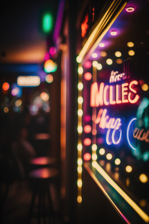 This stock illustration features a blurry photo of a nightclub or bar with an abstract background, neon lights, and bokeh. Perfect for use in designs related to nightlife, entertainment, and more.の素材