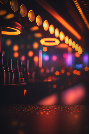 This stock illustration features a blurry photo of a nightclub or bar with an abstract background, neon lights, and bokeh. Perfect for use in designs related to nightlife, entertainment, and more.の素材