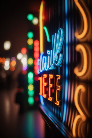 This stock illustration features a blurry photo of a nightclub or bar with an abstract background, neon lights, and bokeh. Perfect for use in designs related to nightlife, entertainment, and more.の素材