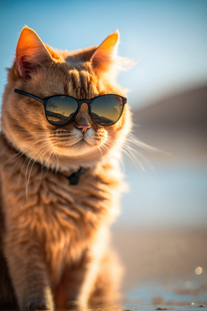 A high-quality stock illustration featuring a domestic cat wearing sunglasses, lounging on a sunny tropical beachの素材