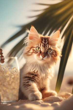 A high-quality stock illustration featuring a domestic cat lounging on a sunny tropical beach with a colorful fruit cocktail nearby, conveying a relaxed and carefree vacation vibe.の素材