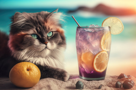 A high-quality stock illustration featuring a domestic cat lounging on a sunny tropical beach with a colorful fruit cocktail nearby, conveying a relaxed and carefree vacation vibe.の素材
