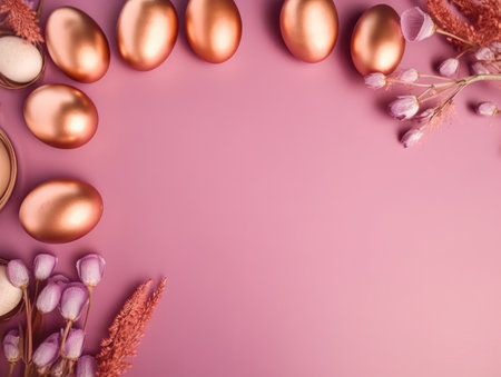An alluring illustration of golden Easter eggs amidst pink flowers on a pink background, encapsulating the holidays charm.の素材