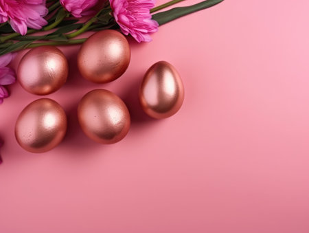 An alluring illustration of golden Easter eggs amidst pink flowers on a pink background, encapsulating the holidays charm.の素材