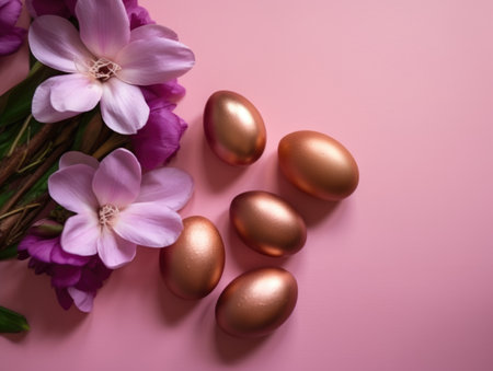 An alluring illustration of golden Easter eggs amidst pink flowers on a pink background, encapsulating the holidays charm.の素材