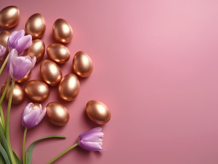 An alluring illustration of golden Easter eggs amidst pink flowers on a pink background, encapsulating the holidays charm.の素材
