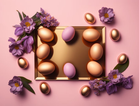 An alluring illustration of golden Easter eggs amidst pink flowers on a pink background, encapsulating the holidays charm.の素材