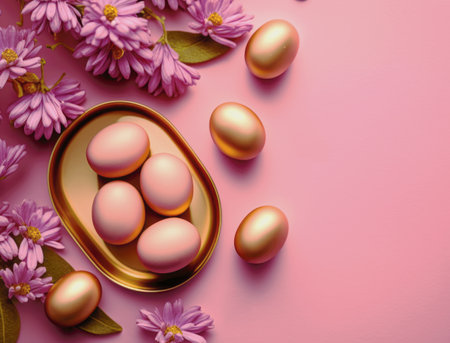 An alluring illustration of golden Easter eggs amidst pink flowers on a pink background, encapsulating the holidays charm.の素材
