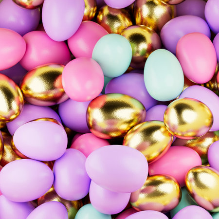 A delightful 3D-rendered illustration showcasing golden Easter eggs, and pastel-colored eggs, all...