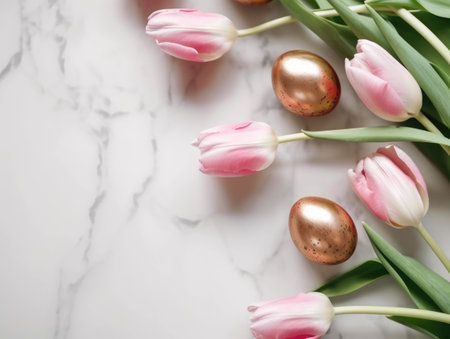 Minimalistic Golden Easter Eggs and Elegant Pink Tulip Spring Flowers on a white marble background. Copyspace. Generative AI artの素材