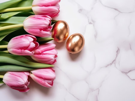 Minimalistic Golden Easter Eggs and Elegant Pink Tulip Spring Flowers on a white marble background. Copyspace. Generative AI artの素材