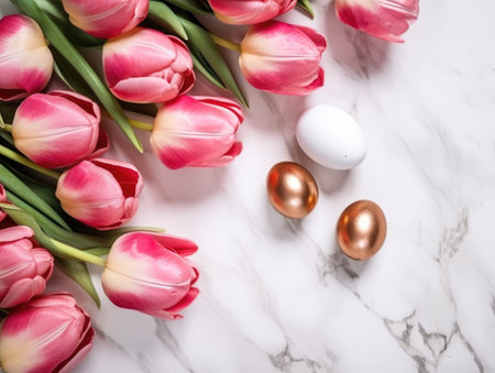 Minimalistic Golden Easter Eggs and Elegant Pink Tulip Spring Flowers on a white marble background. Copyspace. Generative AI artの素材