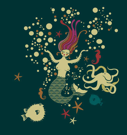 Mermaid into the ocean with fishes and octopusのイラスト素材