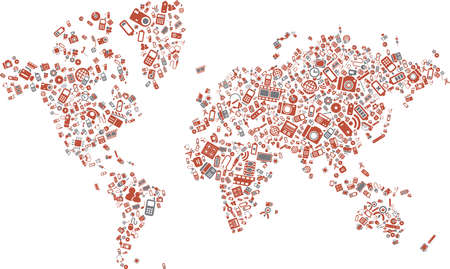 A world map made of technology items