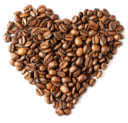 heart made of coffee beans on white backgroundの写真素材