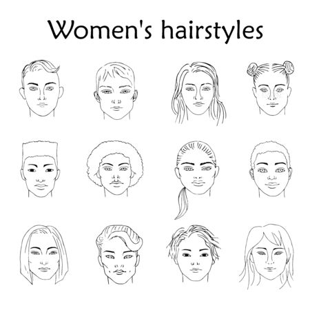 Hand-drawn sketching of black and white females portraits of different races with different hairstyles.のイラスト素材