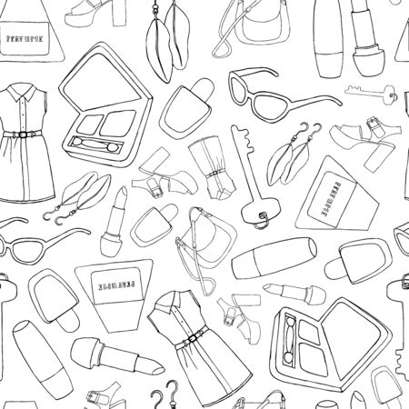 Beautiful black and white background. Fashion hand-drawn illustration.The dress, eyeshadow, sandals, lipstick, bag, key, earrings, glasses, perfumeのイラスト素材