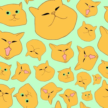 Seamless pattern of cute cats heads. Scottish Shorthair Cat. The yellow cat yawns, the cat looks suspiciously, the cat narrowed its eyes. Vector illustration on light turquoise background.のイラスト素材