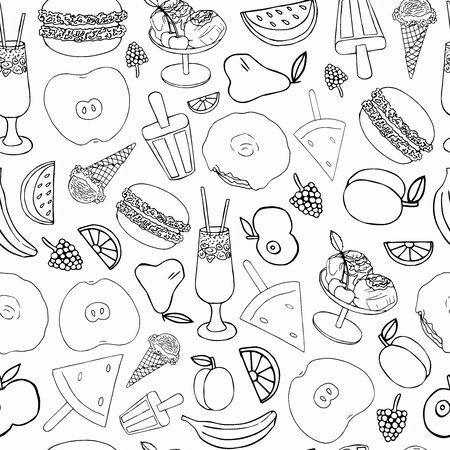Seamless pattern of black and white hand-drawn food items. Black contour on a white background. Apricot, donut, ice cream, apple, burger, cocktail, pear, watermelon, banana, orange, blackberry, raspbeのイラスト素材