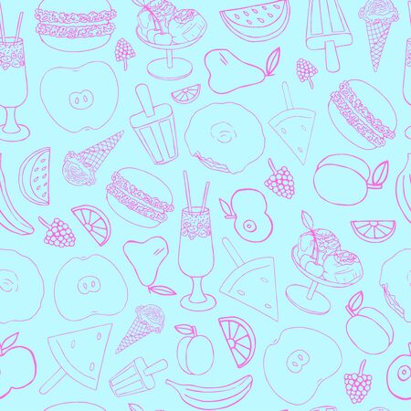 Seamless pattern with summer snack and fruit. Pink neon contour on a turquoise background. Apricot, donut, ice cream, apple, burger, cocktail, pear, watermelon, banana, orange, blackberry, raspbeのイラスト素材