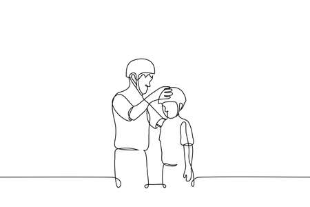 adult man in protective helmet fastens helmet on child - one line drawing vector. instructor fixes protective headgear on minorのイラスト素材