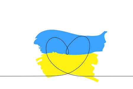 one line Heart with strokes of yellow and blue brush strokes - the color of the flag of Ukraine. The concept of Support and love for Ukraine and the Ukrainian peopleのイラスト素材