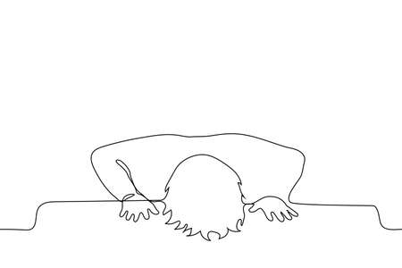 man put his head and palms on the table - one line drawing vector. the concept of fatigue, inconsolability, despairのイラスト素材