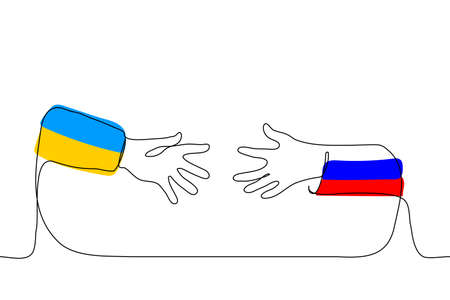 hands of two citizens of Ukraine and Russia reach out to each other - one line drawing vector. the concept of reconciliation, support and family ties between the two states of Russia and Ukraineのイラスト素材