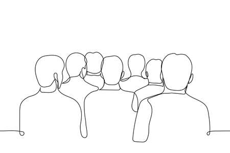 crowd of men standing with their backs to the viewer they are all looking in the same direction - one line drawing vector. the concept of hype, waiting for news, sports fans, observersのイラスト素材