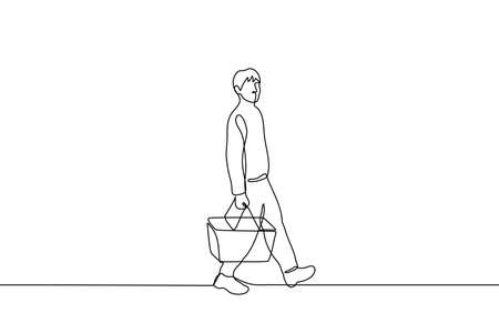 male shopper walks holding a shopping basket - one line drawing vector. shopping conceptのイラスト素材