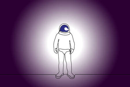 astronaut in a spacesuit alone stands in the dark - one line drawing vector. concept of loneliness of human civilization in space, astronaut day, cosmonautics dayのイラスト素材