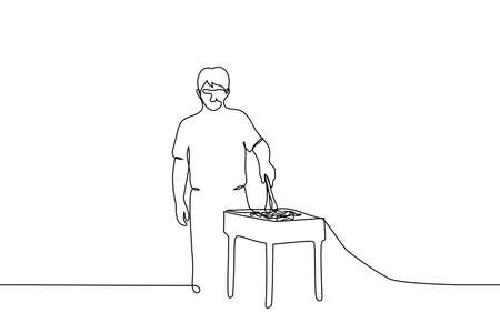 man goes putting on hood from hoodie - one line drawing vector. concept of sneaking, sheltering from rain, the criminal wants to hideのイラスト素材