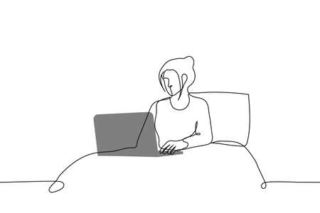 woman is sitting in bed in pajamas with an open laptop on her knees - one line drawing. work from home concept, freelancer at work, business correspondence, morning or before bedのイラスト素材