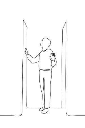 full-length man is standing in a transparent, closed box, he is looking upward and with his hands he is feeling the walls of the box from the inside. One continuous line art concept of hermit, boycottのイラスト素材