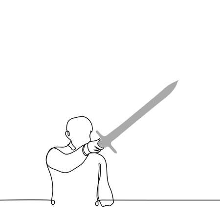 man stands holding up his sword - one line drawing vector. concept to threaten with sword, aggressive barbarianのイラスト素材
