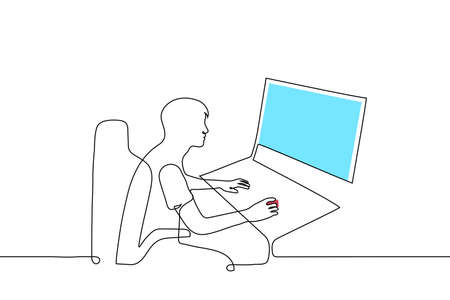 man sitting at vintage computer one line drawing vector. concept game for slot machine, old vintage gaming gadgetのイラスト素材