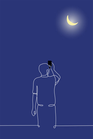 man standing with phone photographing crescent moon - one line drawing vector. concept of night photography, mobile photography, photo of the moonのイラスト素材